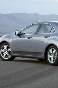 Превью обои acura, tsx, 2010, серый металлиик, вид сбоку, стиль, авто, акура, горы, асфальт, туман