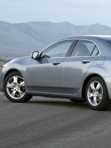 Превью обои acura, tsx, 2010, серый металлиик, вид сбоку, стиль, авто, акура, горы, асфальт, туман