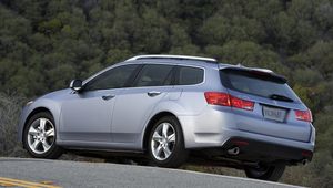 Превью обои acura, tsx, 2010, голубой, вид сбоку, стиль, авто, акура, природа, деревья, асфальт