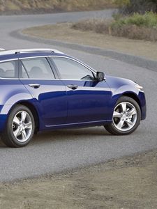 Превью обои acura, tsx, 2010, синий, вид сбоку, стиль, авто, акура, кустарники, асфальт