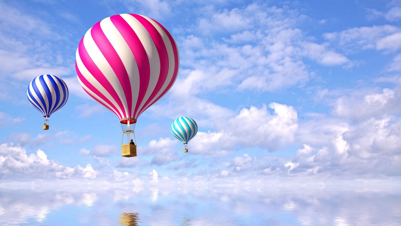 Обои аэростаты, воздушные шары, полет, море, облака