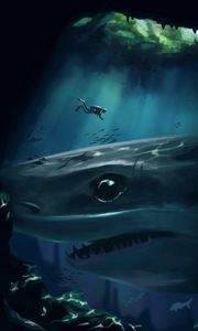 Превью обои акула, дайвер, под водой, пещера, глубина
