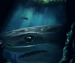 Превью обои акула, дайвер, под водой, пещера, глубина