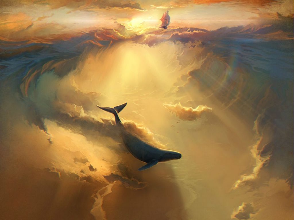 1024x768 Обои акула, дельфин, море, арт, подводный мир