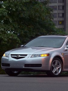 Превью обои акура, 2004, серебряный металлик, вид сбоку, acura, tl, стиль, авто, здание, дерево, асфальт