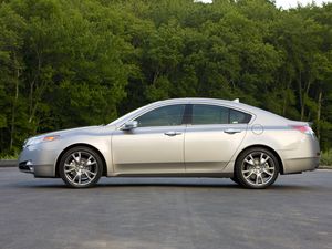 Превью обои акура, 2008, серебряный металлик, вид сбоку, стиль, acura, tl, авто, деревья, асфальт