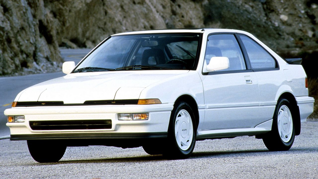 Обои акура, белая, вид спереди, acura, integra, 1988, горы, авто