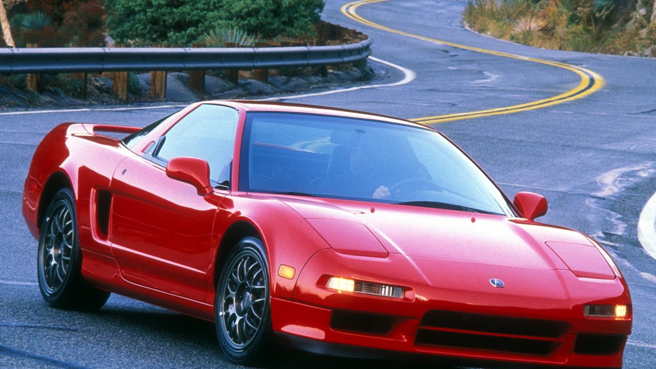 Обои акура, нсх, 1999, красный, вид спереди, спорт, acura, nsx, стиль, авто, дорога, природа