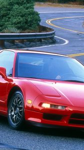 Превью обои акура, нсх, 1999, красный, вид спереди, спорт, acura, nsx, стиль, авто, дорога, природа