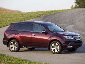 Превью обои акура, вишневый, джип, вид сбоку, acura, mdx, авто, природа, дорога