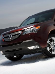 Превью обои акура, вишневый, джип, вид спереди, acura, mdx, авто, снег