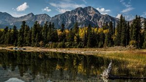 Превью обои альберта, канада, горы, озеро, деревья, отражение