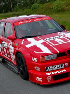 Превью обои alfa romeo, 155, авто, красный, спорт, белый, альфа ромео, вид спереди