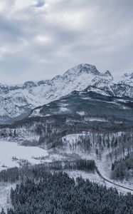 Превью обои альмзее, австрия, горы, зима, снег, озеро