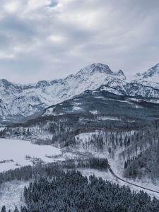 Превью обои альмзее, австрия, горы, зима, снег, озеро