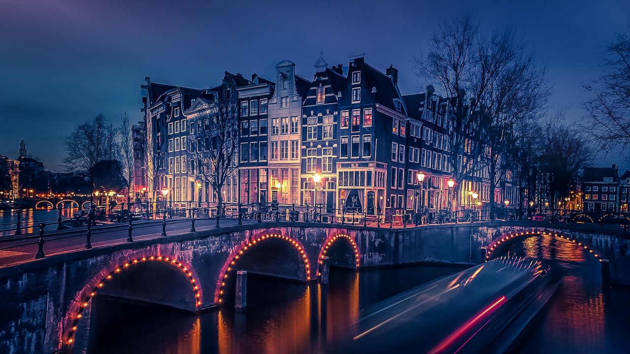 Обои амстердам, канал, здание, мост, река