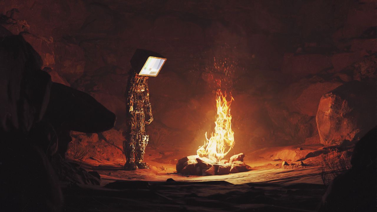 Обои андроид, экран, костер, огонь, пещера, темный