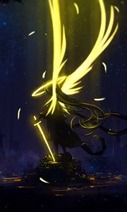Превью обои ангел, крылья, арт, меч, темный, желтый