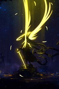 Превью обои ангел, крылья, арт, меч, темный, желтый
