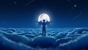 Превью обои ангел, небо, крылья, луна, облака