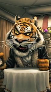Превью обои angry tiger cartoon, тигр, зайцы, кафе, еда