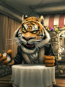 Превью обои angry tiger cartoon, тигр, зайцы, кафе, еда