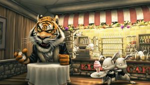 Превью обои angry tiger cartoon, тигр, зайцы, кафе, еда