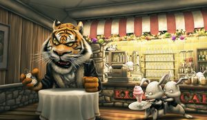 Превью обои angry tiger cartoon, тигр, зайцы, кафе, еда