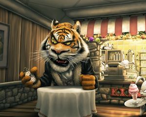 Превью обои angry tiger cartoon, тигр, зайцы, кафе, еда