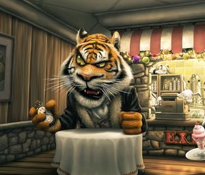 Превью обои angry tiger cartoon, тигр, зайцы, кафе, еда