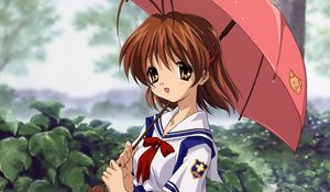 Превью обои аниме, девочка, милая, зонт, дождь