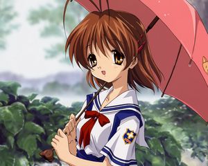 Превью обои аниме, девочка, милая, зонт, дождь