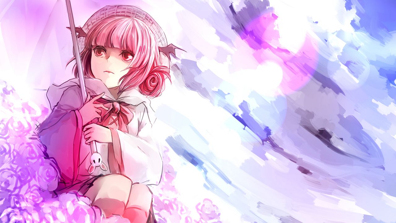 Обои аниме, девушка, арт, зонт, цветы, розовый