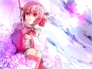 Превью обои аниме, девушка, арт, зонт, цветы, розовый