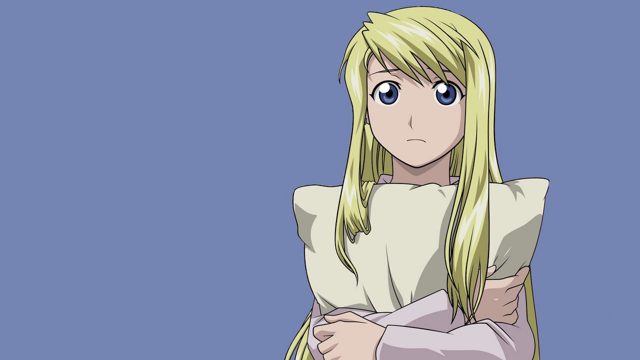 Обои аниме, девушка, блондинка, подушка