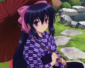 Превью обои аниме, девушка, брюнетка, зонт, кимоно