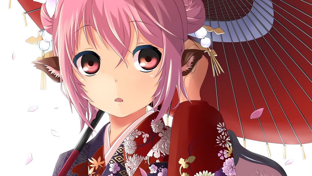 Обои аниме, девушка, кимоно, зонт