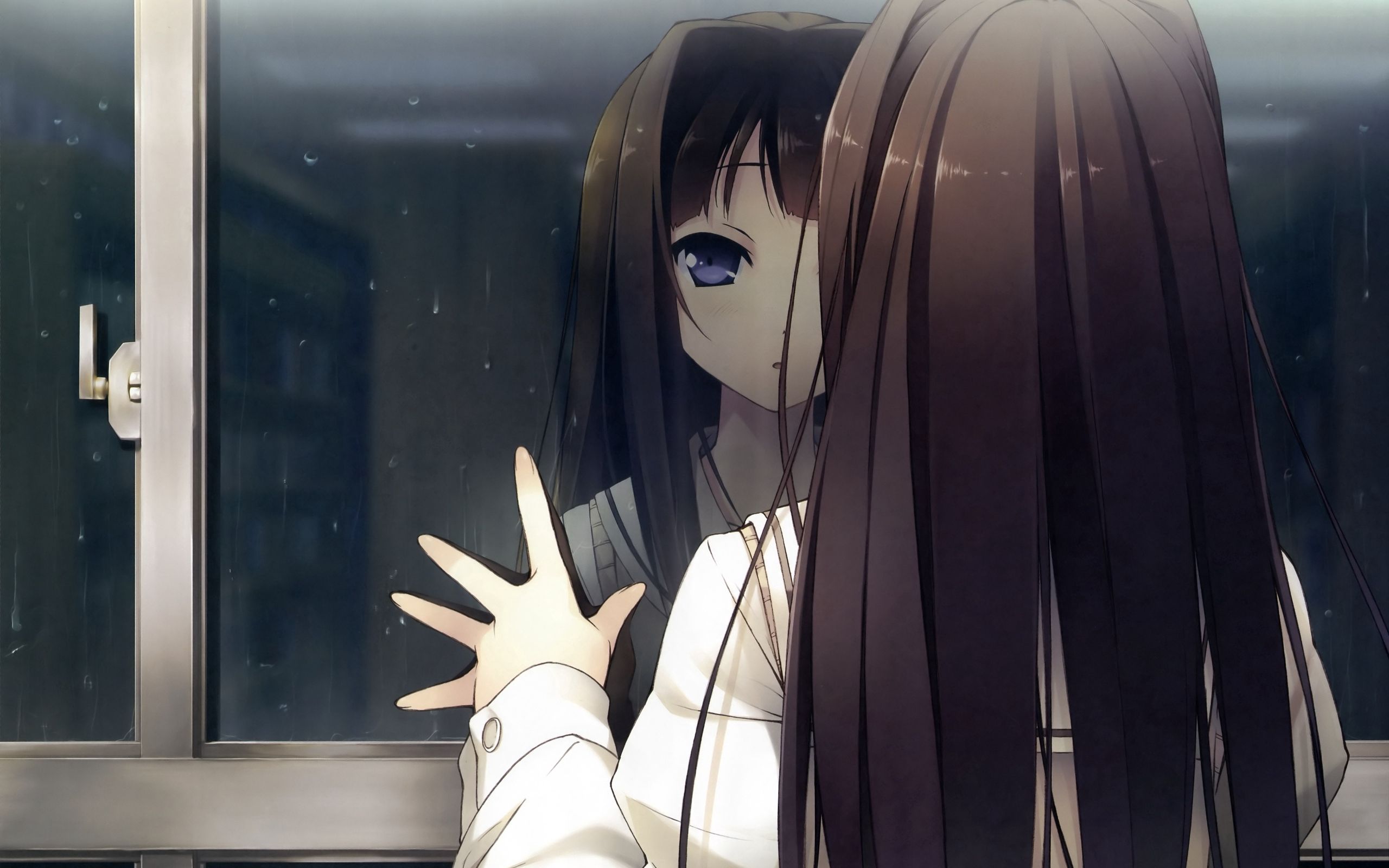 2560x1600 Обои аниме, девушка, окно, отражение, капли, дождь, взгляд