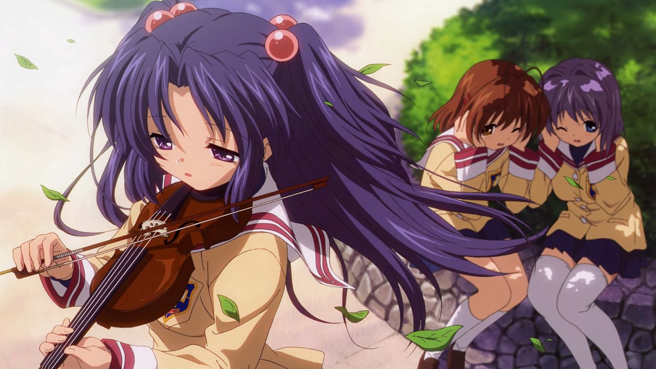 Обои аниме, девушки, скрипка, смычок, парк, листва