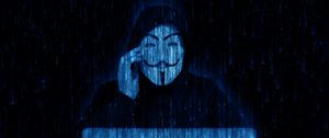 Превью обои аноним, хакер, маска, ноутбук, темный