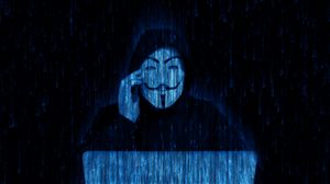 Превью обои аноним, хакер, маска, ноутбук, темный