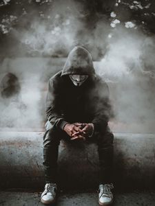 Превью обои аноним, маска, капюшон, дым, человек