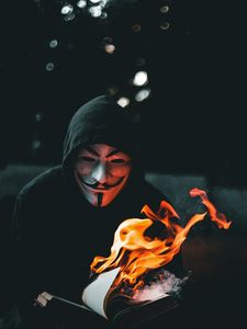 Превью обои аноним, маска, книга, огонь