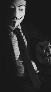 Превью обои аноним, маска, тыква, хэллоуин, темный, черно-белый
