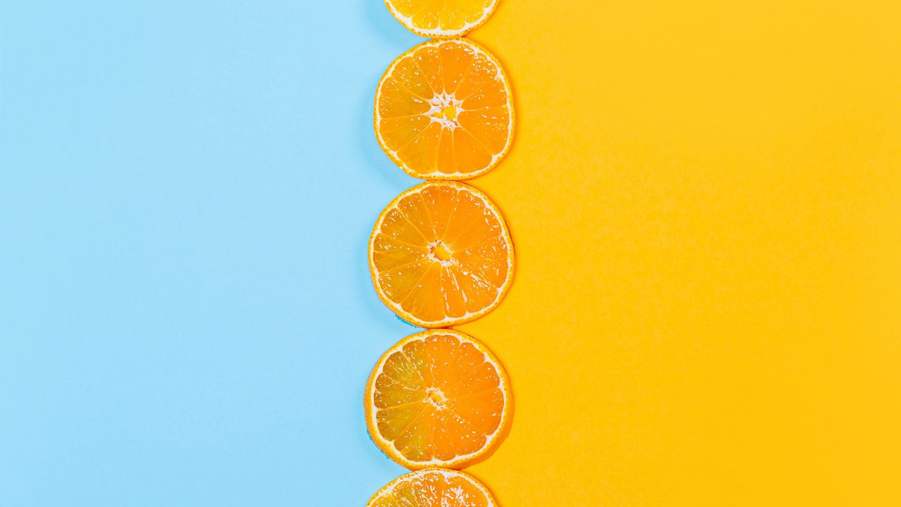 Обои апельсин, дольки, фрукт, цитрус, оранжевый