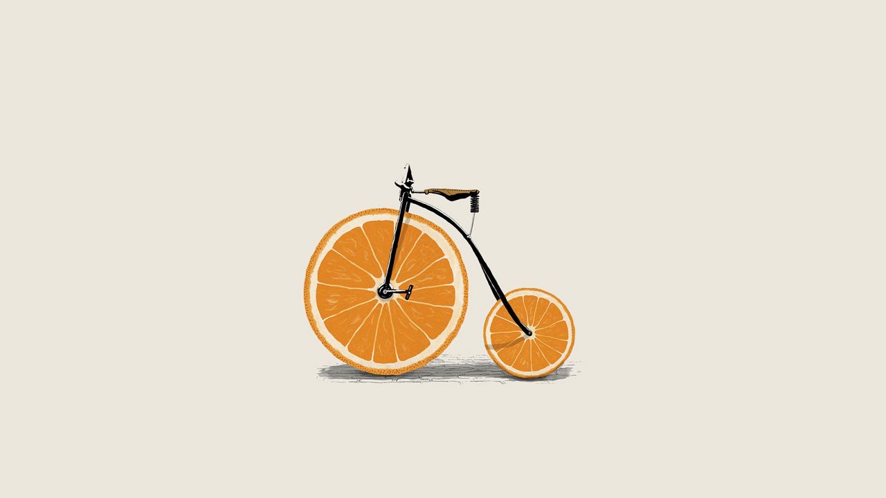 Обои апельсин, дольки, колеса, велосипед, минимализм
