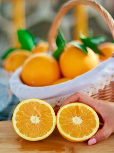 Превью обои апельсин, фрукт, цитрус, дольки, рука