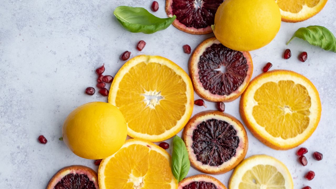 Обои апельсин, лимон, дольки, гранат, цитрус, фрукты