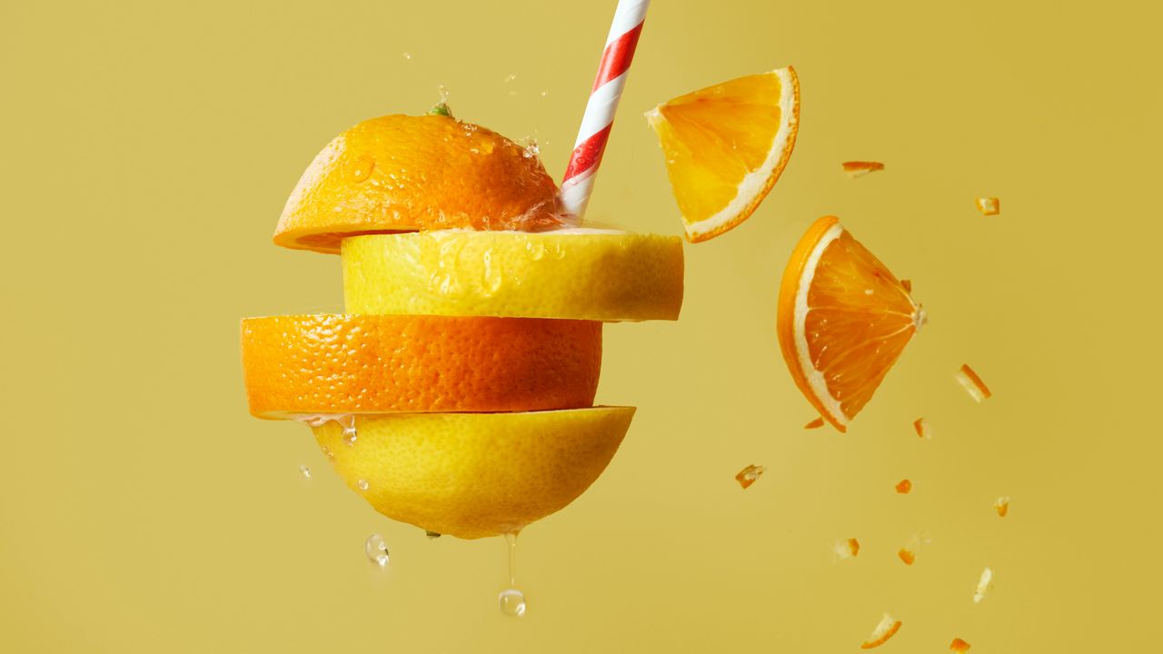 Обои апельсин, лимон, фрукты, дольки, коктейль