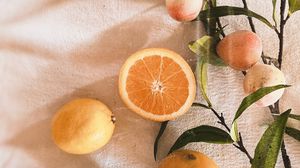Превью обои апельсин, персики, фрукты, листья, свежий